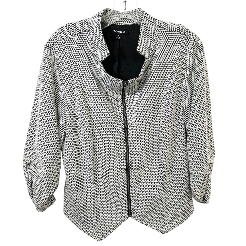 Torrid Plus Size 1X Jacket Black White Honeycomb Zip‎ Blazer Office 831